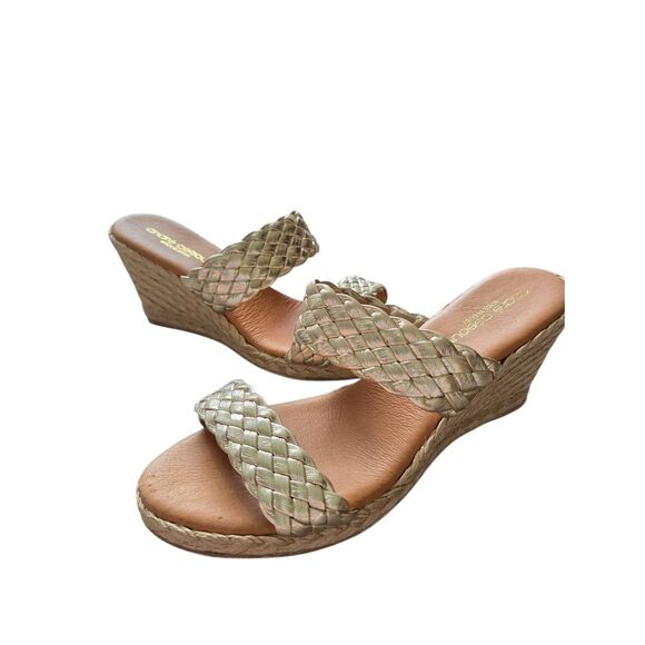Andre Assous Sandals Womens Size 9US Gold Leather Wedges Double Strap Slip On - Picture 1 of 8